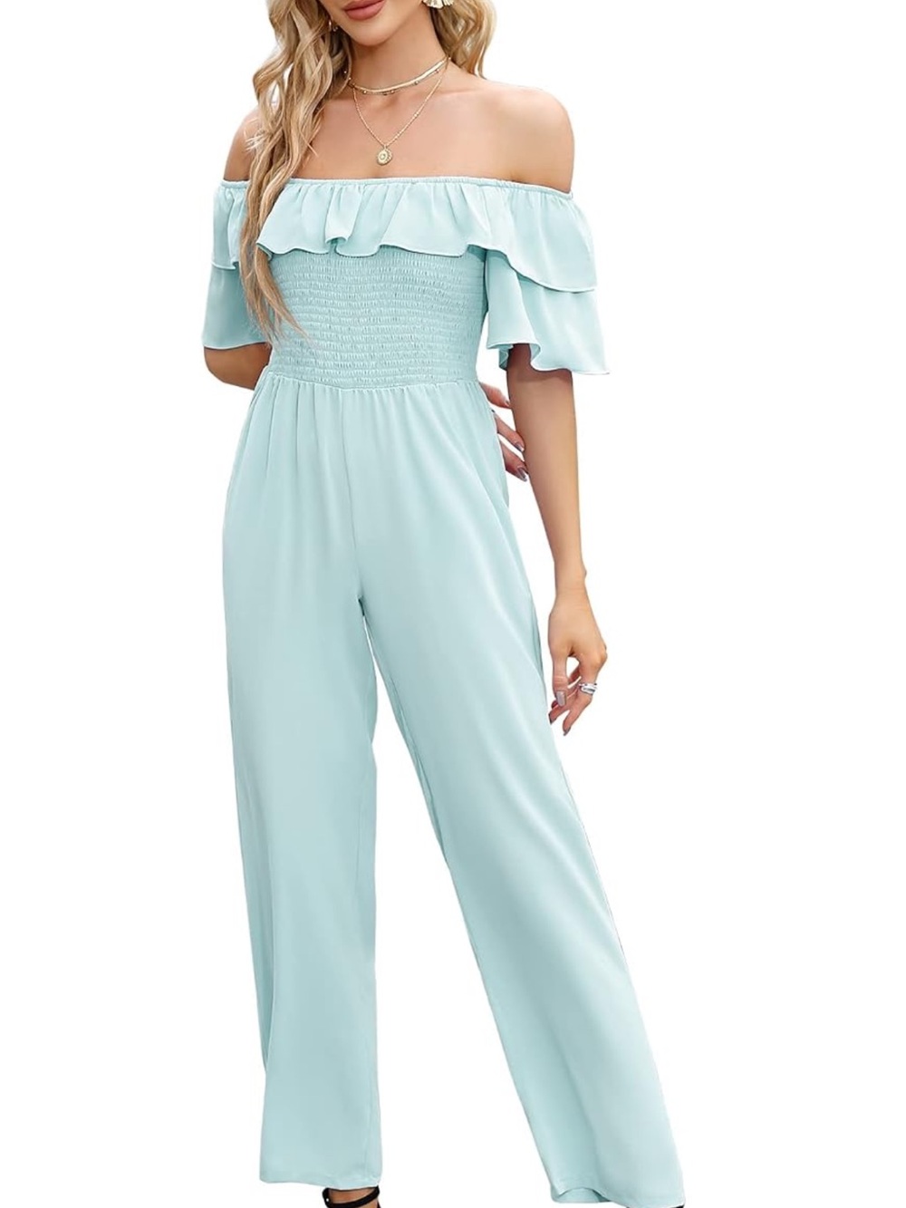 Off-Shoulder Ruffle Wide-Leg Jumpsuit in Light Blue